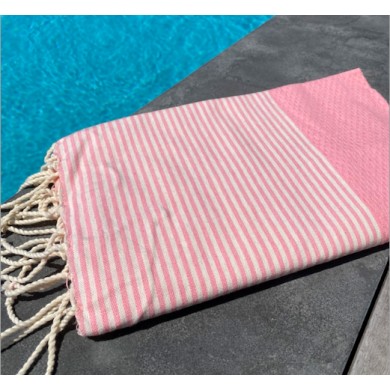 Fouta nid d'abeille rayée personnalisable ALISON – rose